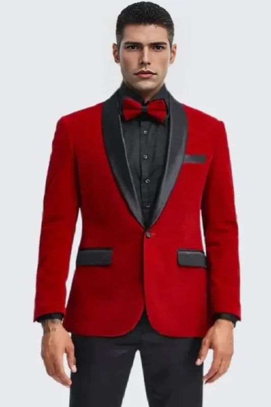 Red Velvet Tuxedo Jacket Slim Fit with Shawl Lapel - Wedding - Prom 2025