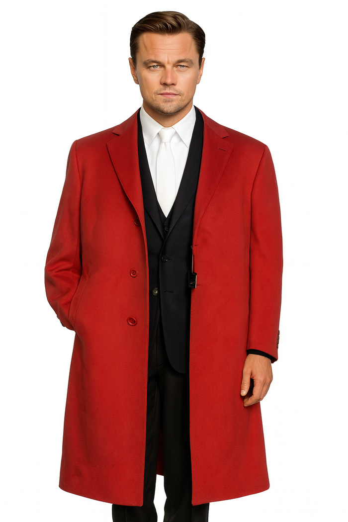 men's Three Buttons Red Wool Fabric Overcoat / Long men's Dress Topcoat - Winter coat $240