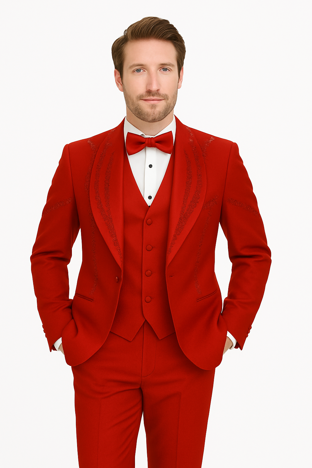 Italian Red Wool 3-Piece Modern Fit Tuxedo - 34 Short or Extra Small