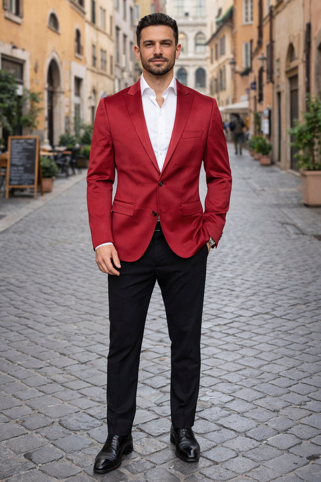 Men’s Slim Fit Red Satin Blazer – Elegant Two-Button Formal Suit Jacket for Weddings, in Red Color - Red