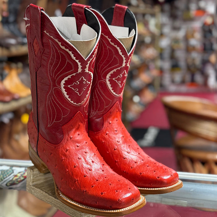 Red Boot Ostrich Print Square Toe