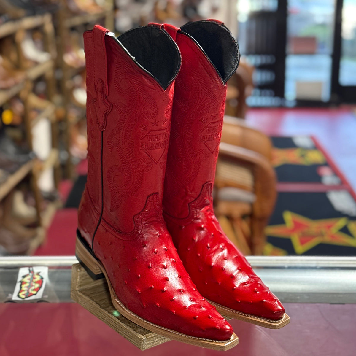 Mens White Diamond Boot Red Ostrich Print Boots Pointy Toe Pointed Toe - Red