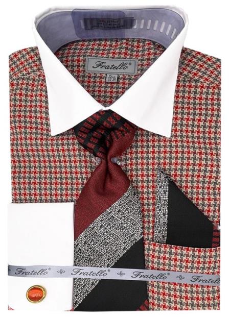 Mens Red Plaid Dress Shirt Set - Medium 15.5" Neck/34-35" Sleeve