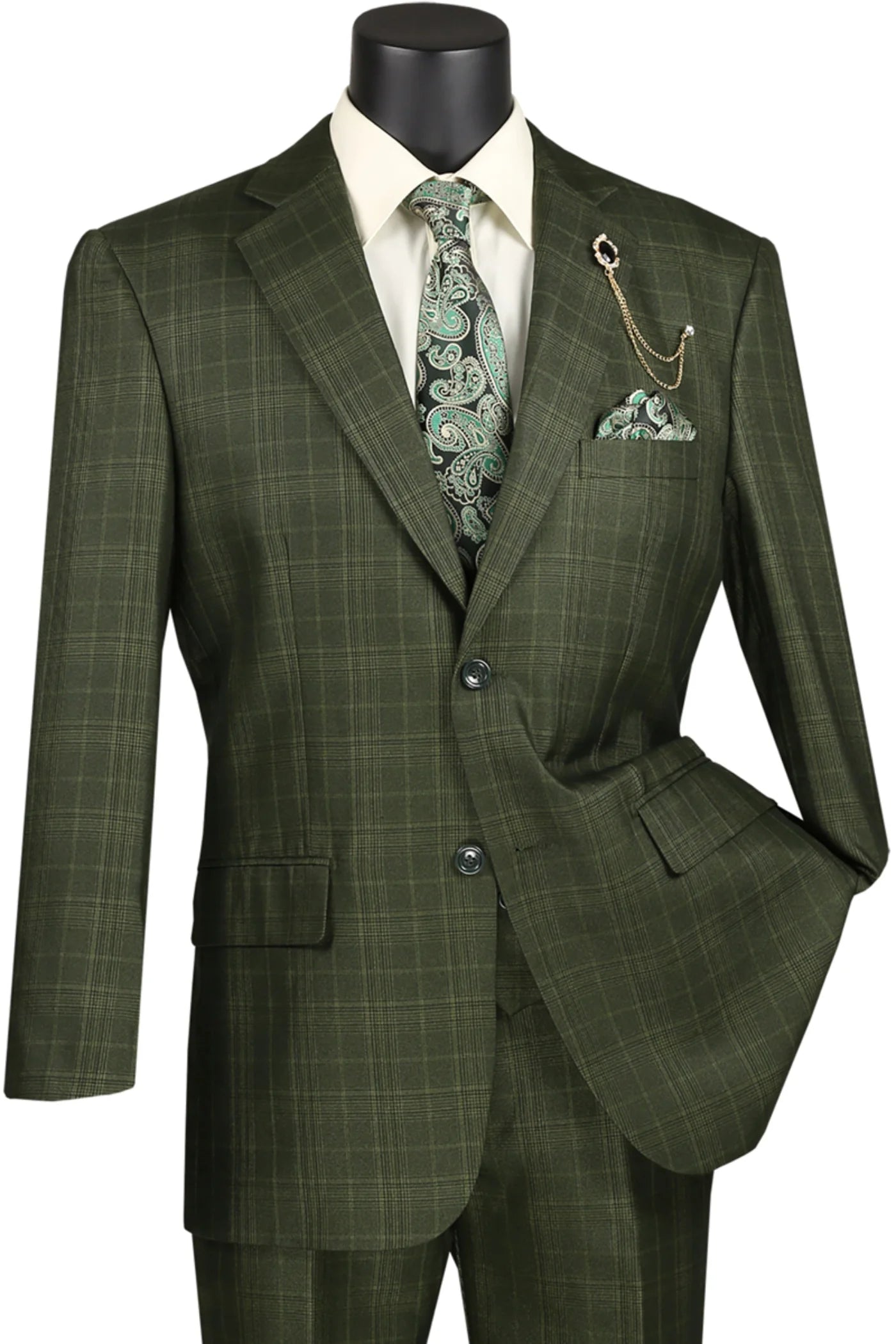 Regular Fit Olive Green Glen Plaid Three-Piece Suit - 38 Short - 32 Waist