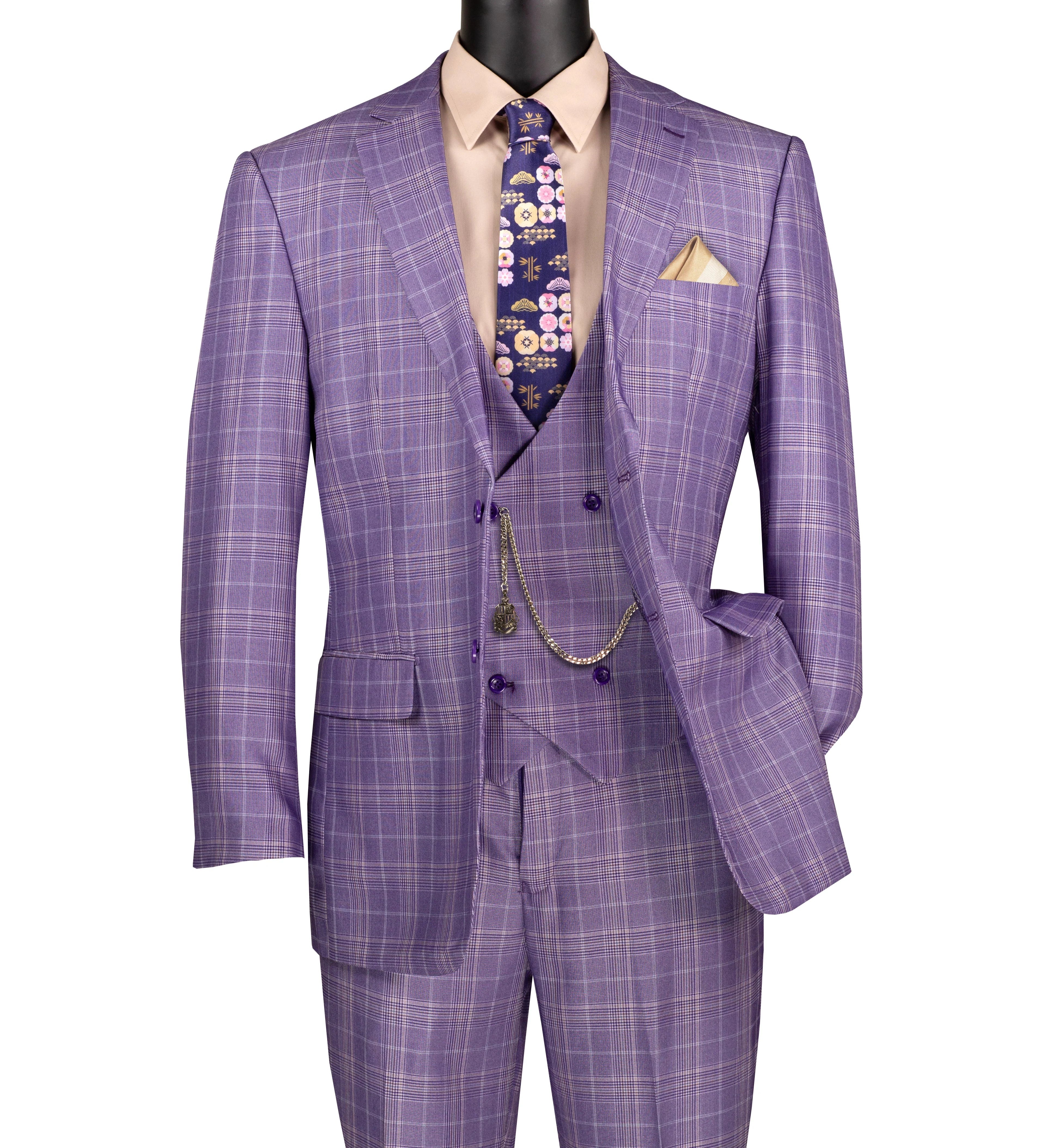Regular Fit Light Purple Glen Plaid Three-Piece Suit - 42 Short  - 36 Waist