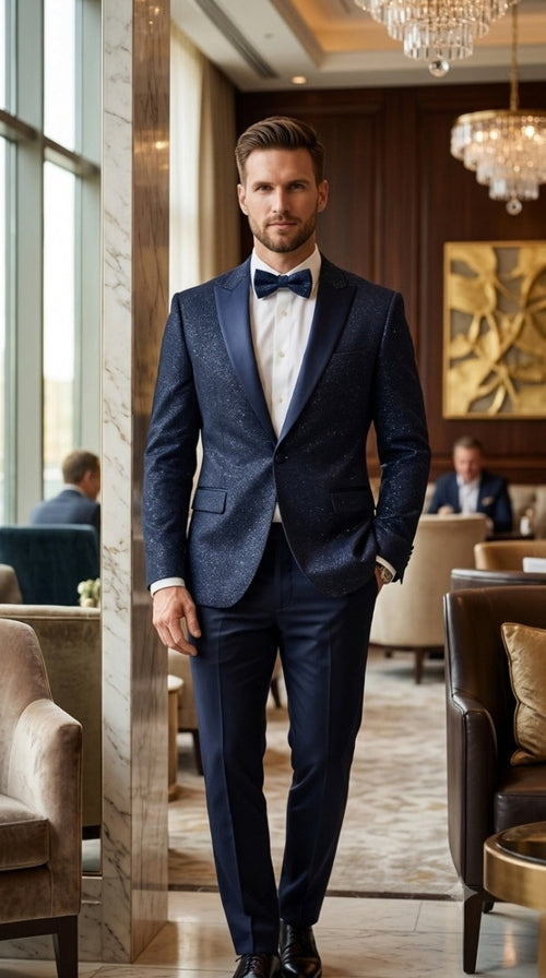Mens Navy Blue Tuxedo Sparkly Shiny Dinner Jacket + Pants