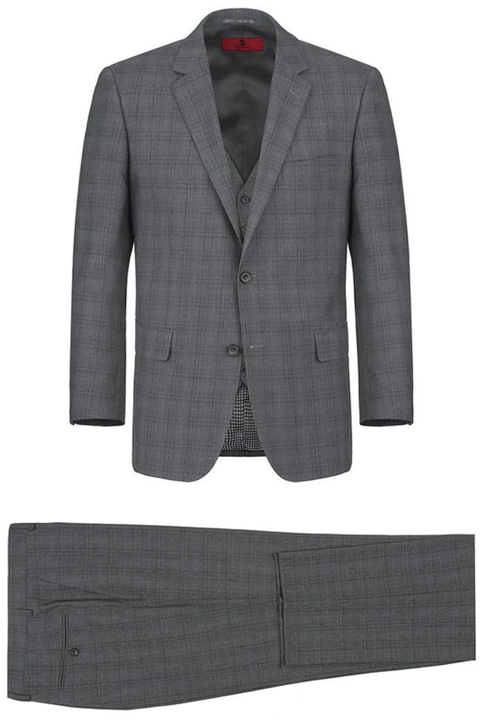 "Charcoal Grey Windowpane Plaid Men's Classic Fit Vested Suit - Two Button"