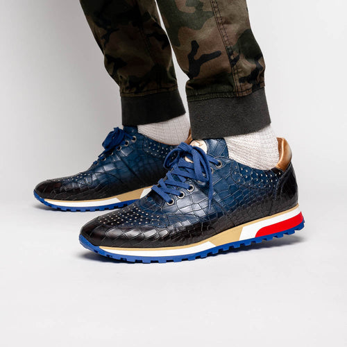 Zelli Rocco Hand-Burnished Crocodile Embossed Sneakers in Navy