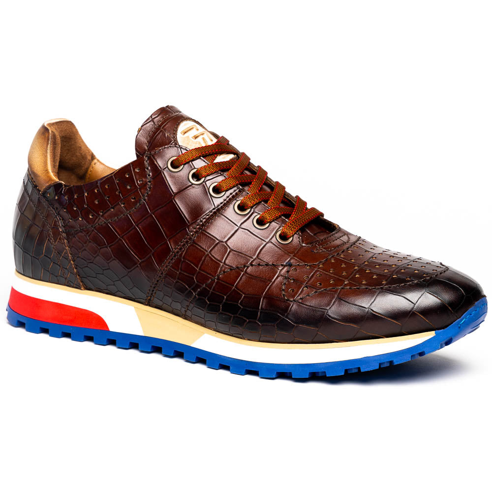 Zelli Rocco Hand-Burnished Embossed Crocodile Sneakers in Brown