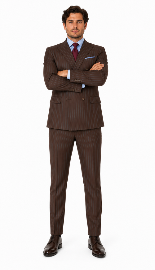 Rockefeller Collection - Double Breasted Stripe Suit Brown Regular Fit 2 Piece