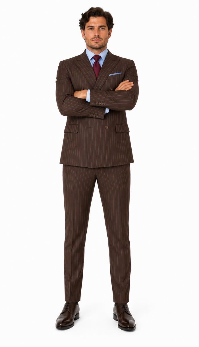Rockefeller Collection - Double Breasted Stripe Suit Brown Regular Fit 2 Piece