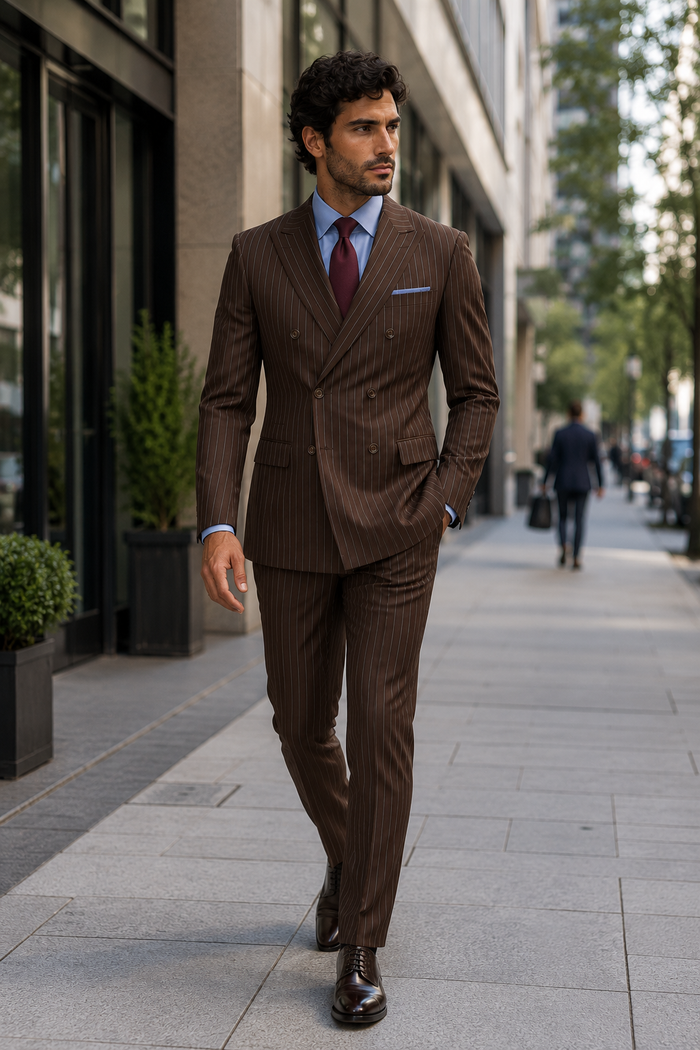 Rockefeller Collection - Double Breasted Stripe Suit Brown Regular Fit 2 Piece
