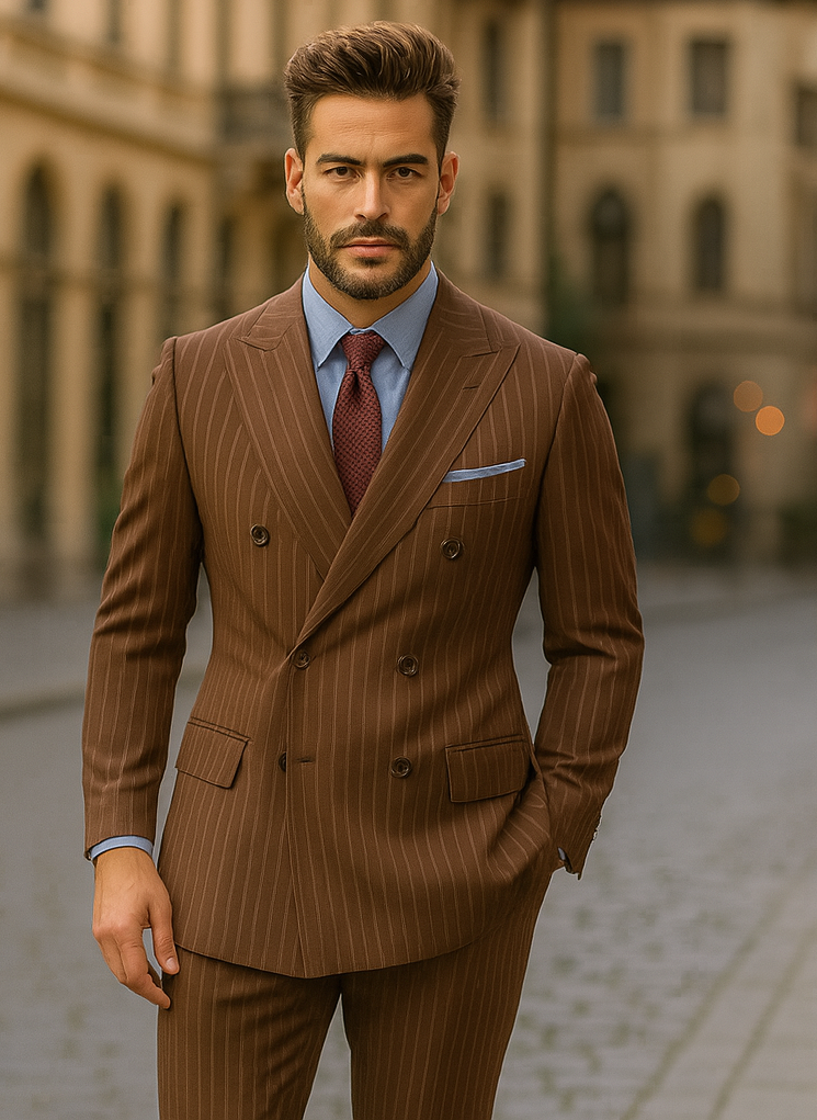 Rockefeller Collection - Double Breasted Stripe Suit Brown Regular Fit 2 Piece - Brown