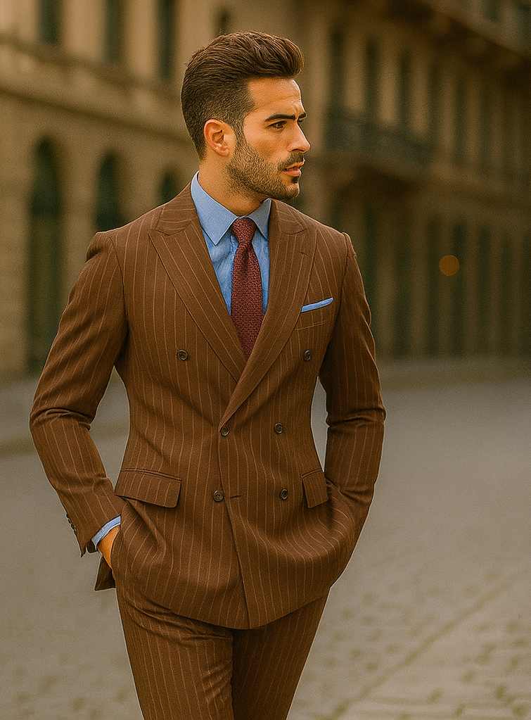 Rockefeller Collection - Double Breasted Stripe Suit Brown Regular Fit 2 Piece - Brown