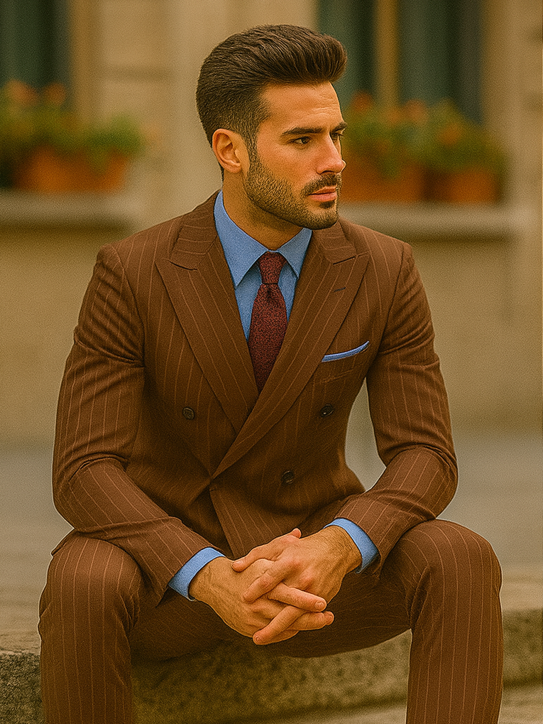 Rockefeller Collection - Double Breasted Stripe Suit Brown Regular Fit 2 Piece - Brown