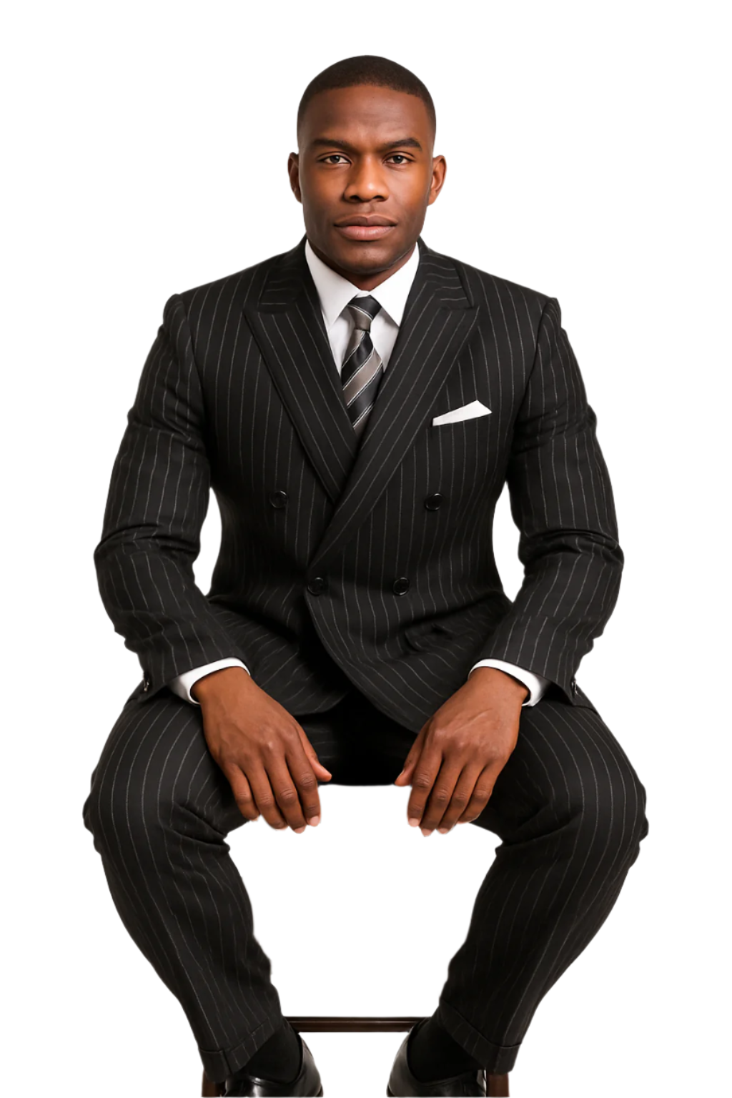Rockefeller Collection - Double Breasted Stripe Suit Black Regular Fit 2 Piece