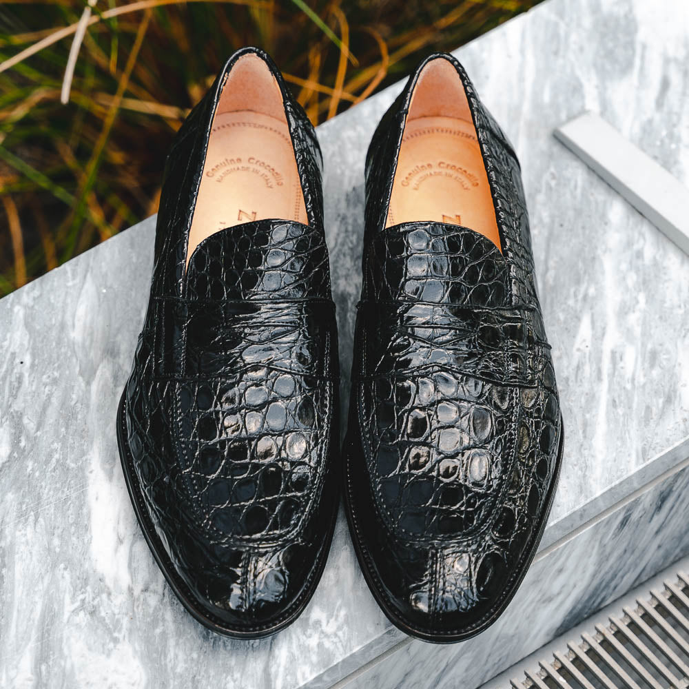 Zelli Roma Genuine Caiman Crocodile Penny Loafer in Black