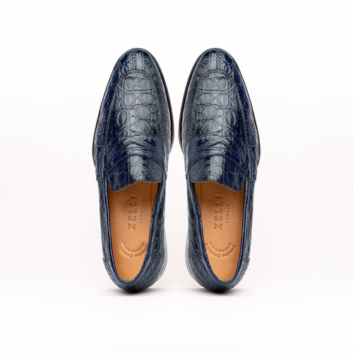 Zelli Roma Classic Penny Loafers in Genuine Caiman Crocodile Navy