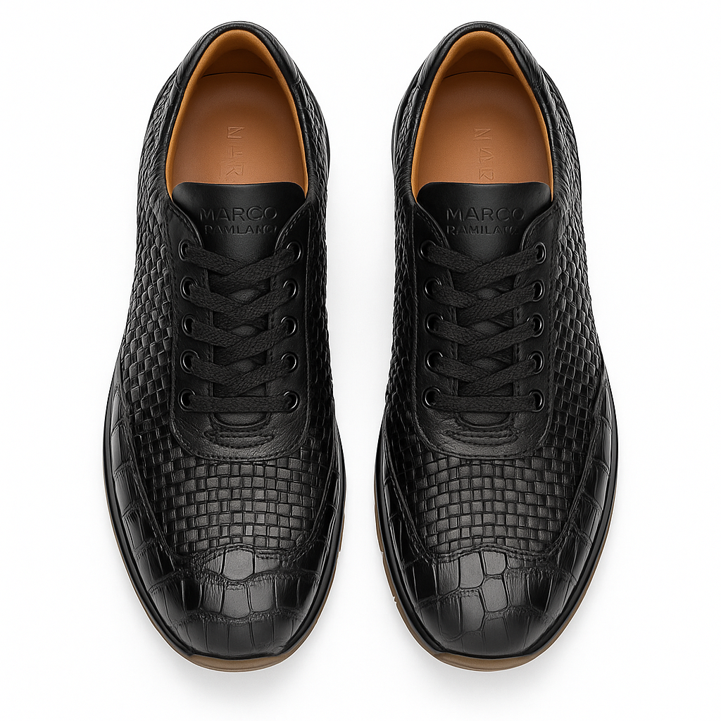 Marco Di Milano Roma Men's Shoes Black Genuine Caiman Crocodile / Woven Leather Fashion Sneakers - 8