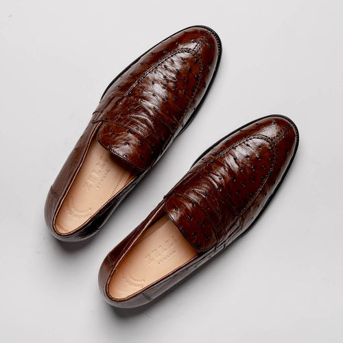 Zelli Roma Classic Penny Loafers in Genuine Brown Ostrich Quill