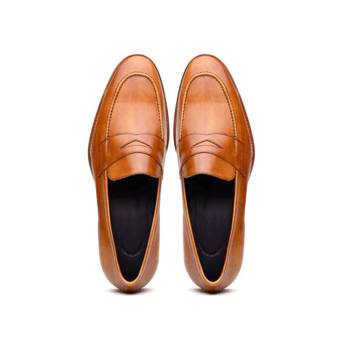 Zelli Roma Hand-Burnished Calfskin Penny Loafers in Camel