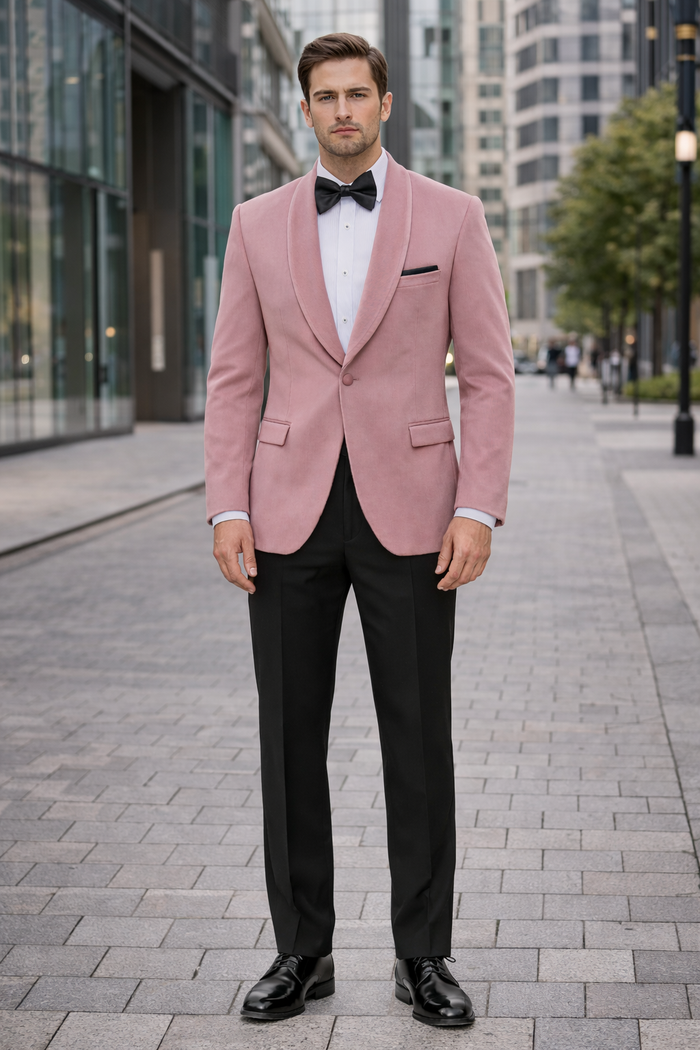 Rose Gold Color Mens Velvet Dinner Jacket - Mens Tuxedo Blazer With Trim Shawl Collar Pink Blush-New Designer Collection