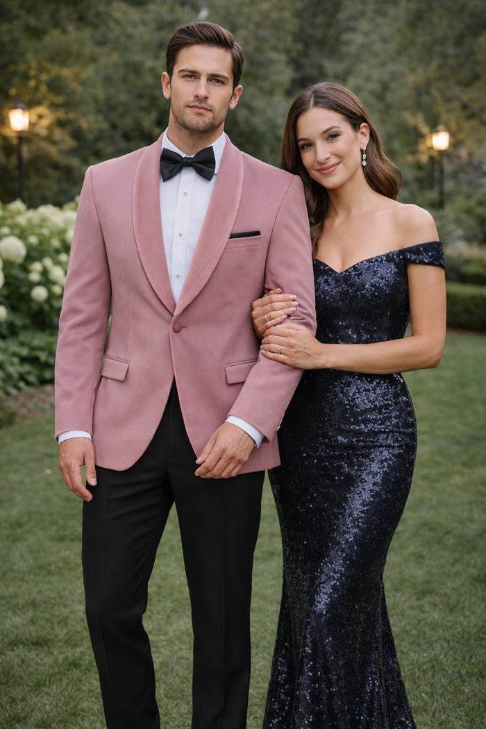 Rose Gold Color Mens Velvet Dinner Jacket - Mens Tuxedo Blazer With Trim Shawl Collar Pink Blush-New Designer Collection