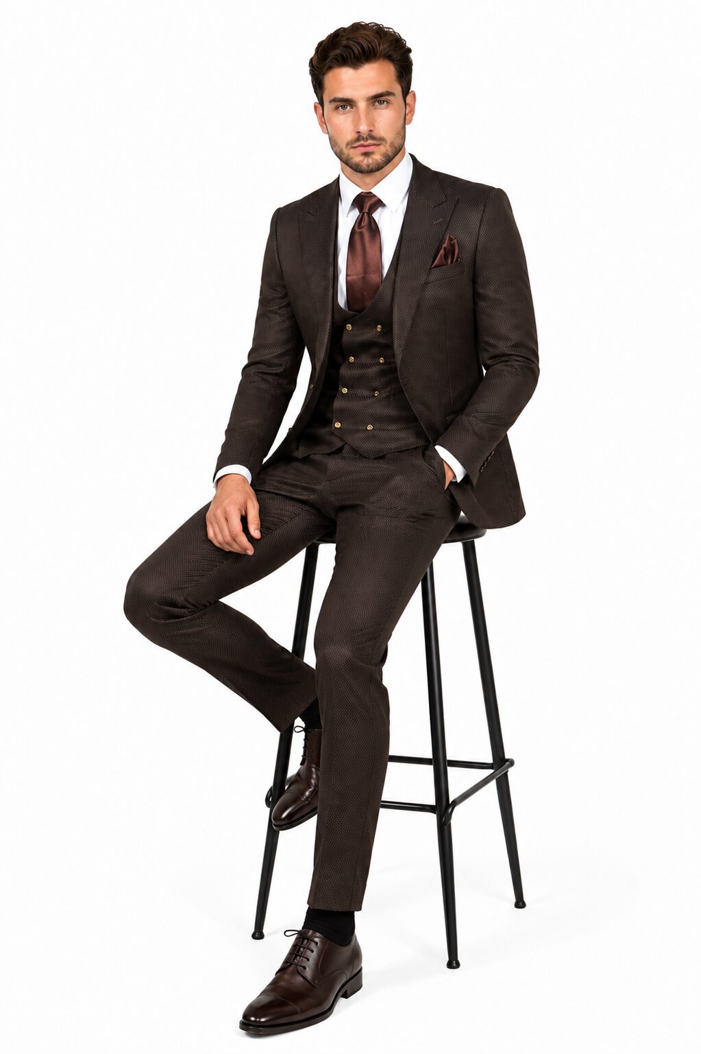 Rossi Man BOND RM1753 Slim Fit 3-Piece Suit - 1-Button Peak Lapel, Modern Formalwear for Men - 34R