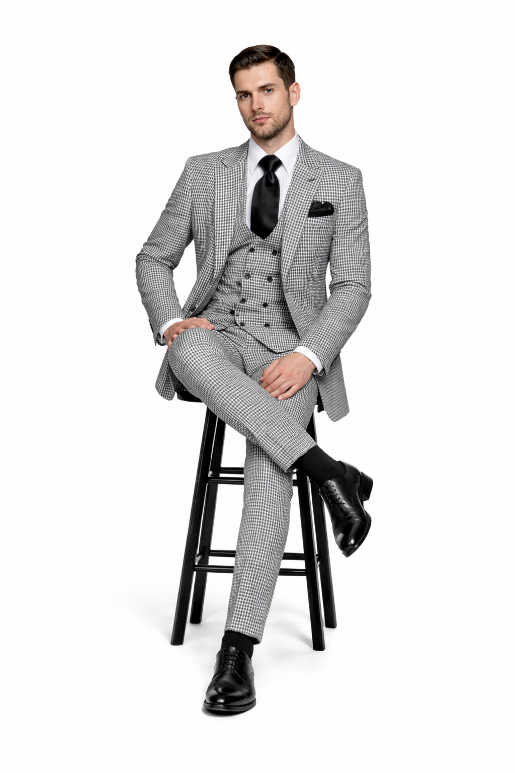 Rossi Man MAX RM1710 Slim Fit 3-Piece Suit – Modern Black and White Suit for Men-New Designer Collection - 34R