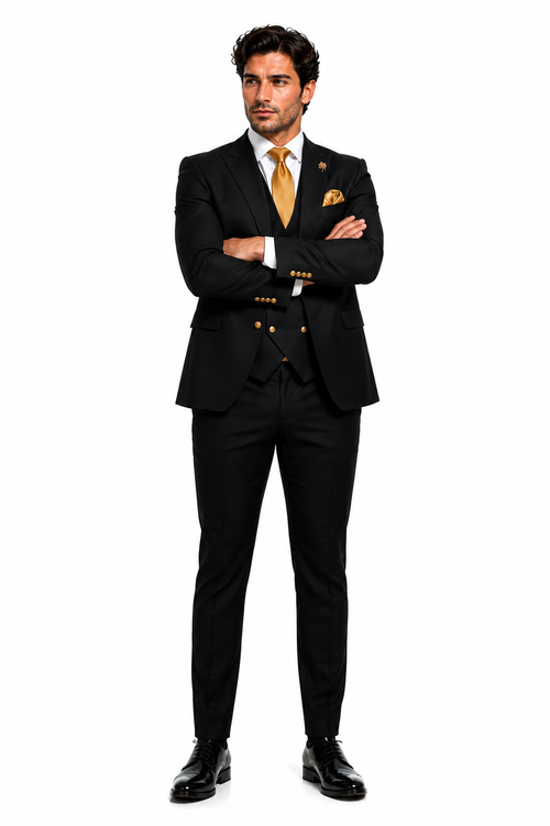 Rossi Man Mens Black Slim Fit Suit Double-Breasted Modern Classic