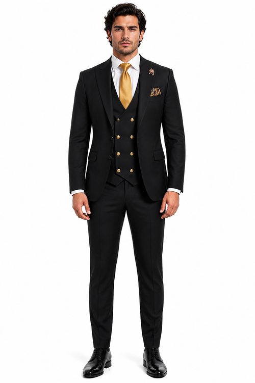 Rossi Man Mens Black Slim Fit Suit Double-Breasted Modern Classic