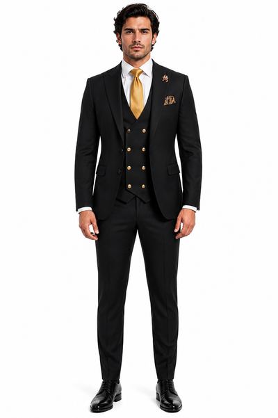 Rossi Man Mens Black Slim Fit Suit Double-Breasted Modern Classic
