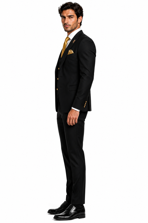 Rossi Man Mens Black Slim Fit Suit Double-Breasted Modern Classic