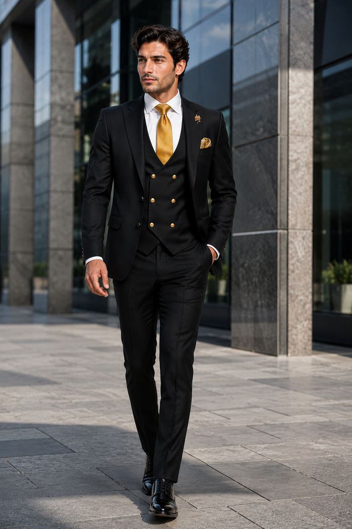 Rossi Man Mens Black Slim Fit Suit Double-Breasted Modern Classic