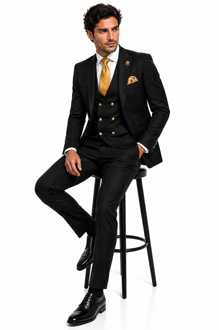 Rossi Man Mens Black Slim Fit Suit Double-Breasted Modern Classic