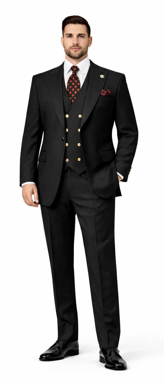 Rossiman Black Suit for Men Classic 1-Button Peak Lapel Jacket & Double-Breasted Vest