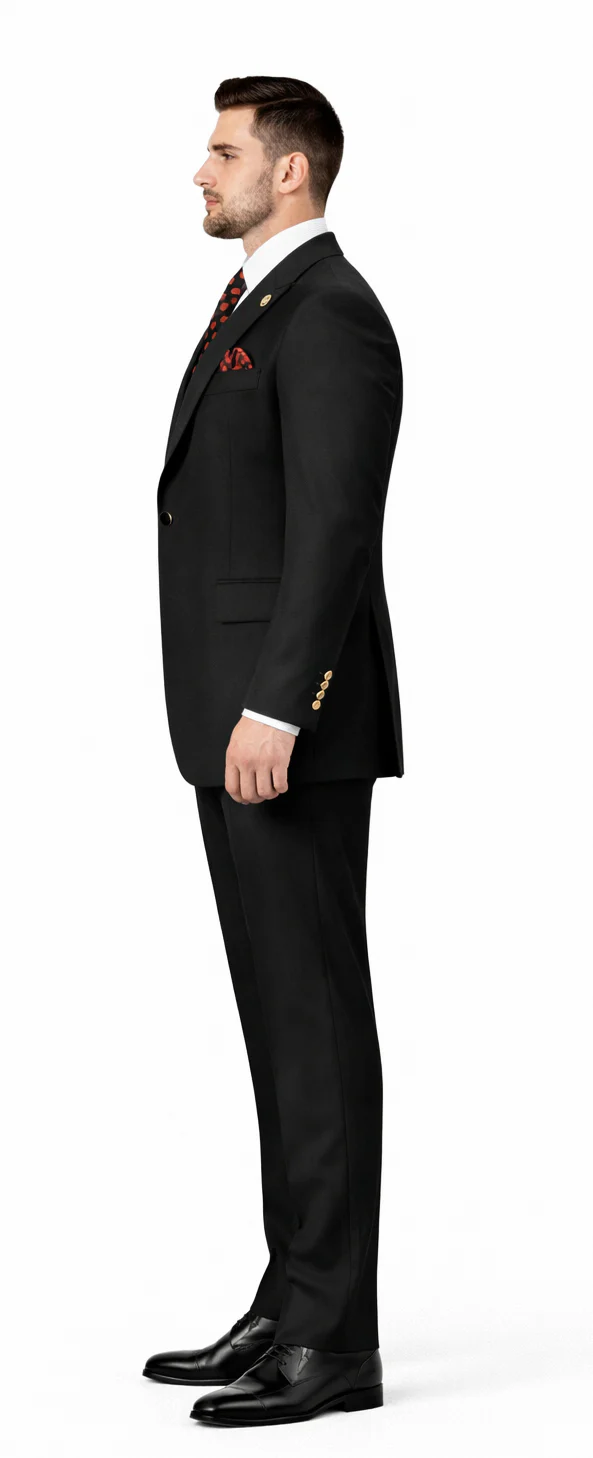 Rossiman Black Suit for Men Classic 1-Button Peak Lapel Jacket & Double-Breasted Vest