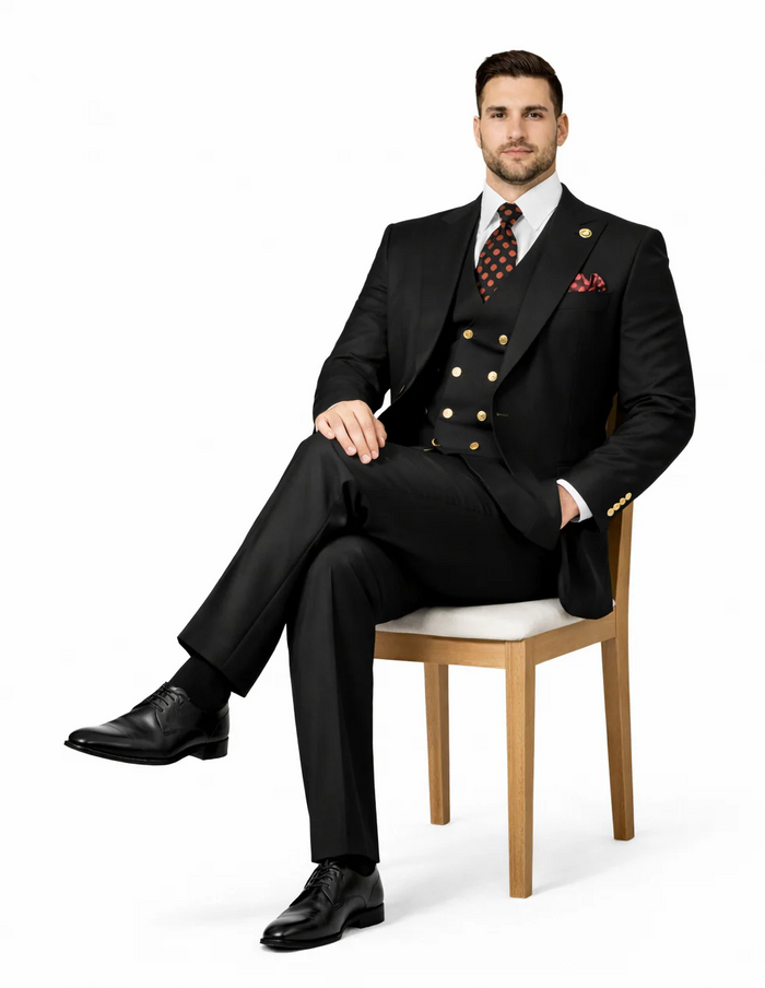 Rossiman Black Suit for Men Classic 1-Button Peak Lapel Jacket & Double-Breasted Vest