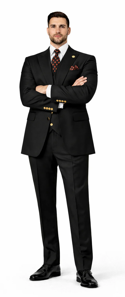 Rossiman Black Suit for Men Classic 1-Button Peak Lapel Jacket & Double-Breasted Vest