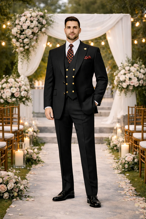 Rossiman Black Suit for Men Classic 1-Button Peak Lapel Jacket & Double-Breasted Vest