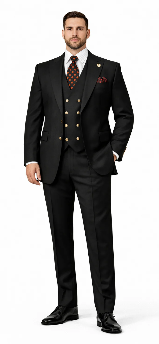 Rossiman Black Suit for Men Classic 1-Button Peak Lapel Jacket & Double-Breasted Vest