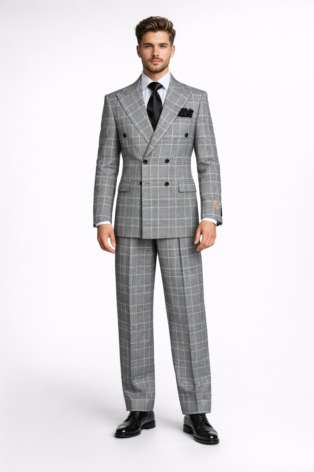 Suits With Baggy Pleated Pants - Wide Leg Pants 100% Wool - Classic Fit in Black and White Plaid Color by Rossiman - 38 Regular