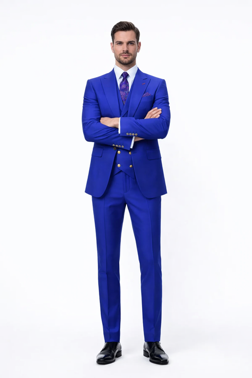Rossiman Royal Blue Suit for Men Classic 1-Button Peak Lapel Jacket & Double-Breasted Vest