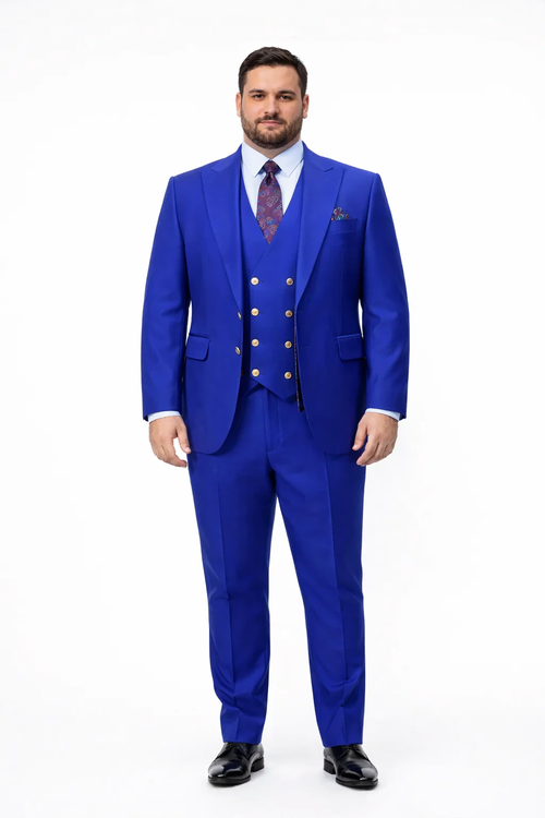 Rossiman Royal Blue Suit for Men Classic 1-Button Peak Lapel Jacket & Double-Breasted Vest
