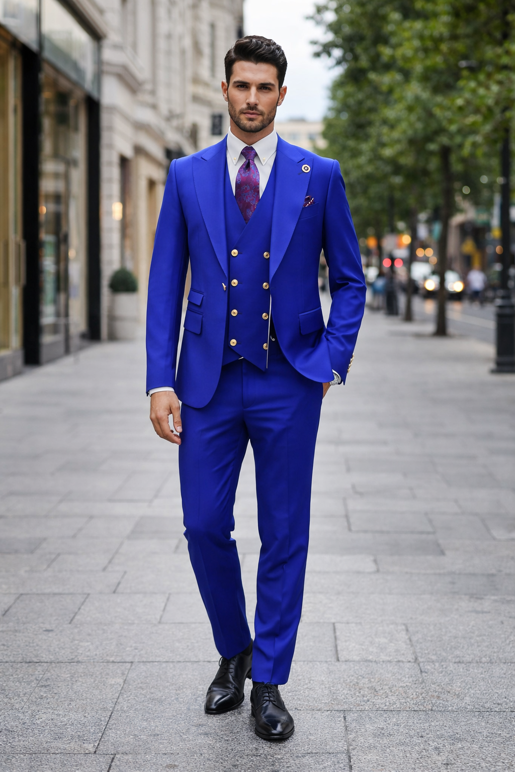 Rossiman Royal Blue Suit for Men Classic 1-Button Peak Lapel Jacket & Double-Breasted Vest