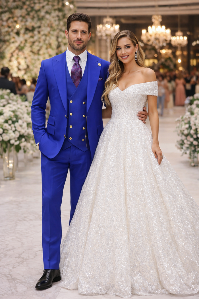 Rossiman Royal Blue Suit for Men Classic 1-Button Peak Lapel Jacket & Double-Breasted Vest