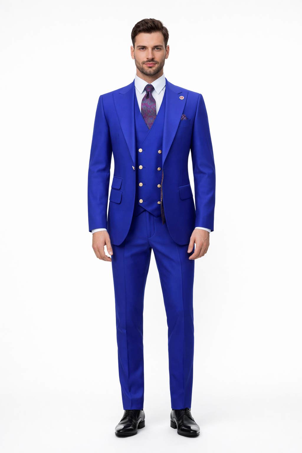 Rossiman Royal Blue Suit for Men Classic 1-Button Peak Lapel Jacket & Double-Breasted Vest