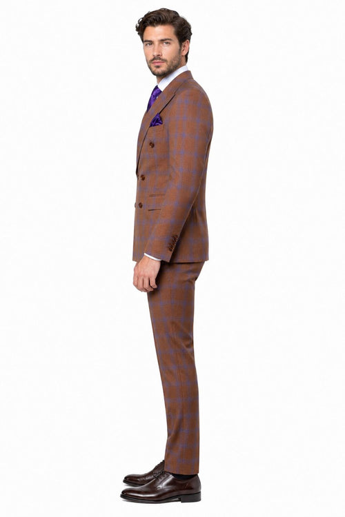 Mens Brown Plaid Double-Breasted Suit Premium 2-Piece Classic Checkered Windowpane Suit by Rossiman