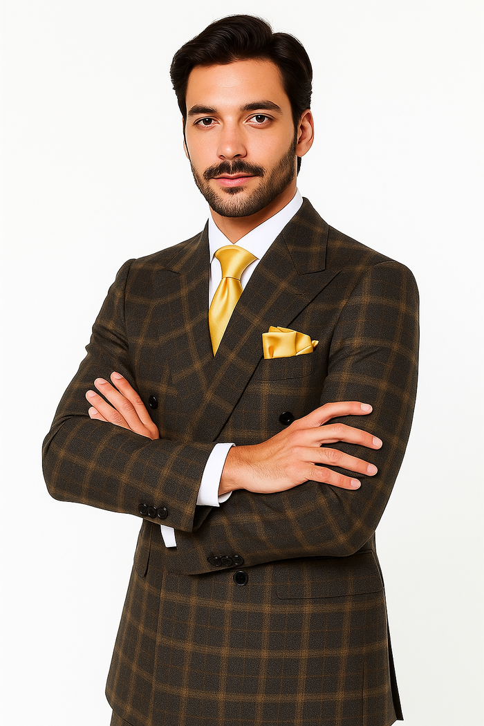 Rossiman Classic Wool Suit Brown Windowpane Plaid Double-Breasted Formalwear - New Arrival