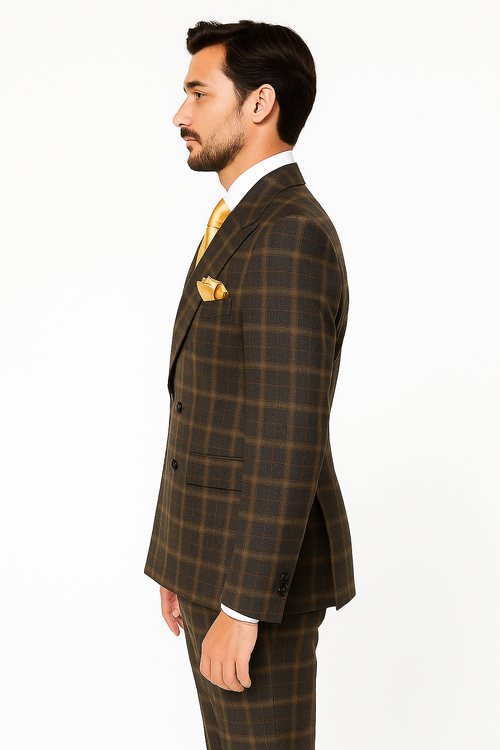 Rossiman Classic Wool Suit Brown Windowpane Plaid Double-Breasted Formalwear - New Arrival